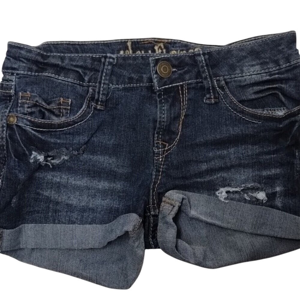Wallflower Denim Shorts Distressed Cuffed Dark Wash Juniors Size 7